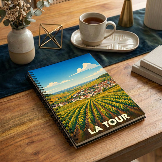 Carnet à spirale souvenir de la ville de La Tour illustré d'un paysage de vignobles stylisé.