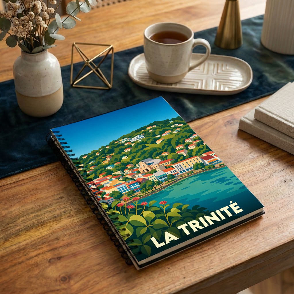Carnet à spirales souvenir de la ville de La Trinité avec une illustration stylisée de son front de mer.