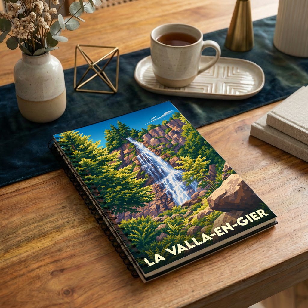 Carnet à spirales souvenir de la ville de La Valla-en-Gier illustré par une cascade au cœur de la forêt.