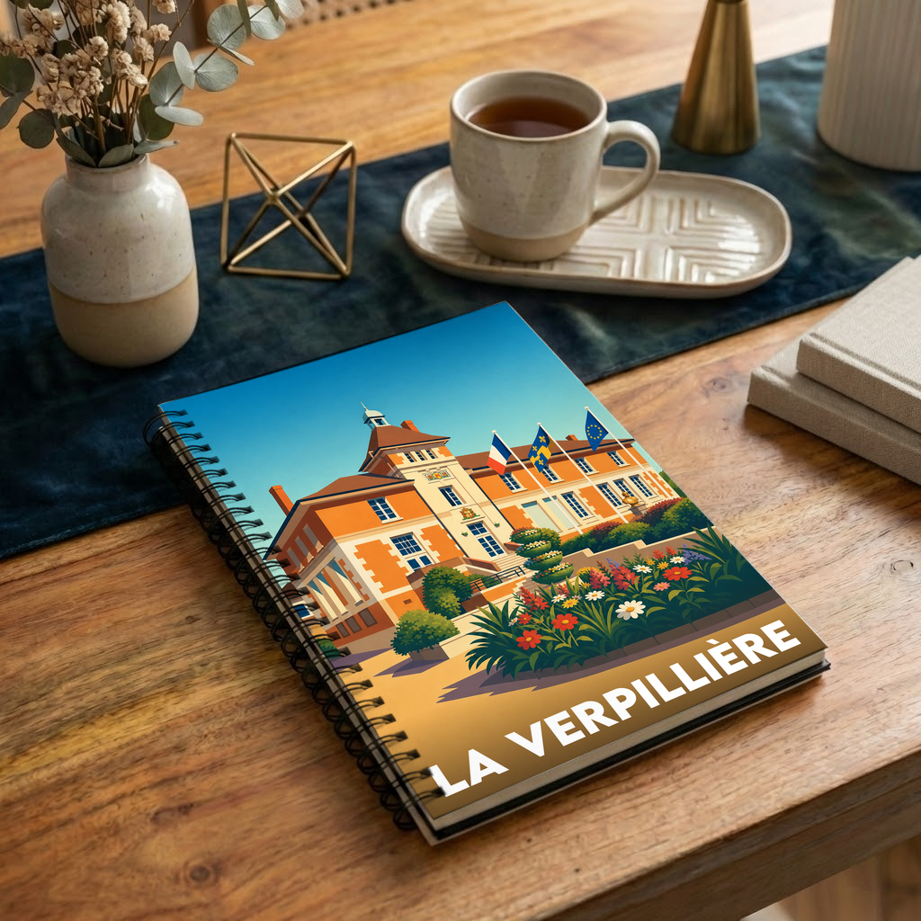 Carnet à spirales souvenir de la ville de La Verpillière avec une illustration stylisée de sa mairie.