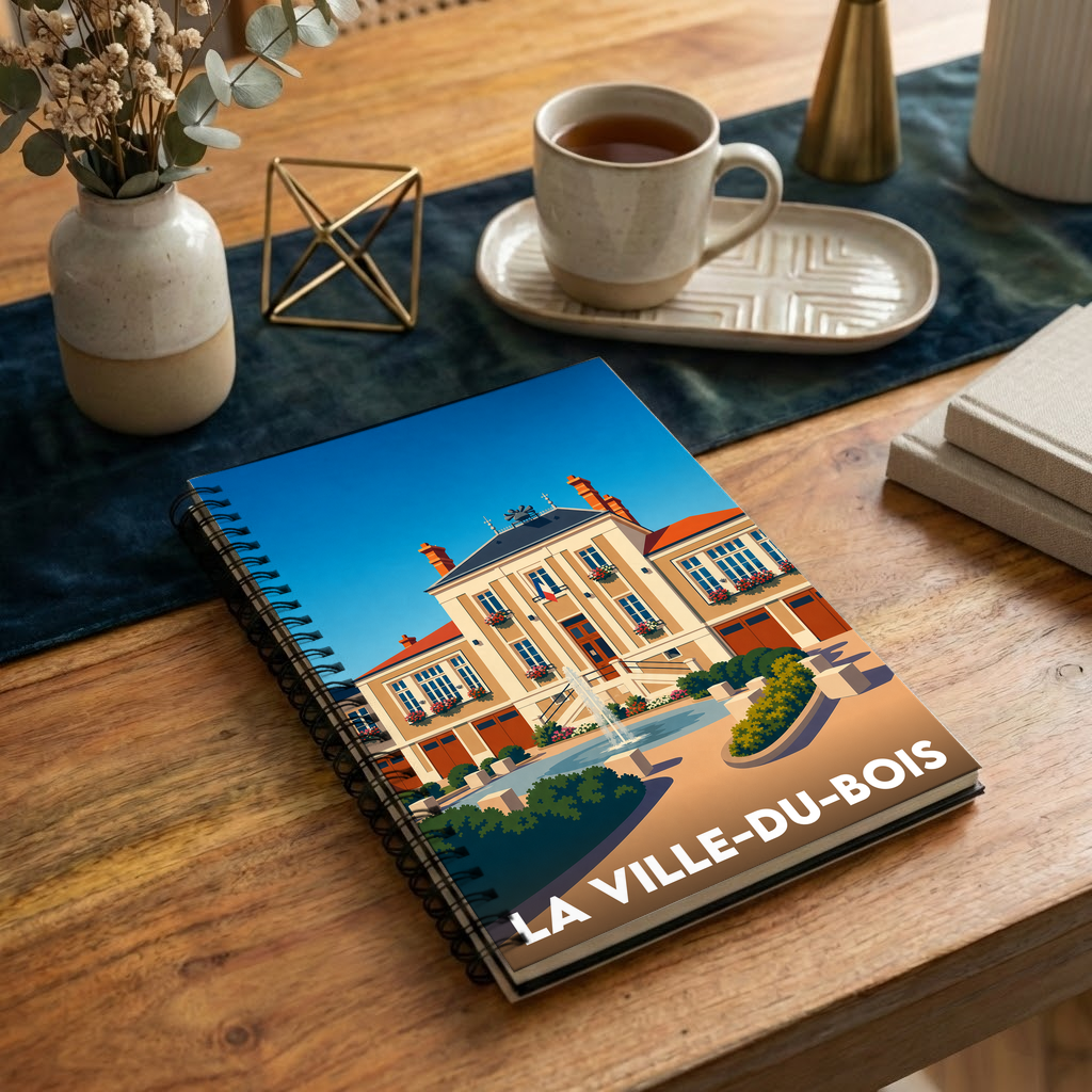 Carnet de notes souvenir de la ville de La Ville-du-Bois avec une illustration stylisée de la mairie.