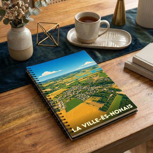Carnet de notes à spirales souvenir de La Ville-ès-Nonais illustré d'un paysage aérien stylisé.