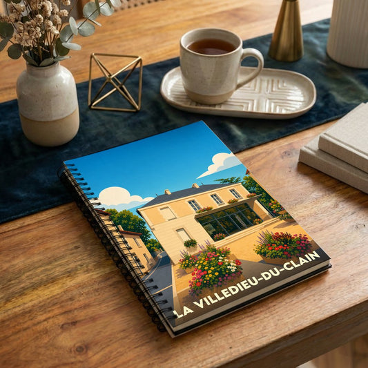 Carnet à spirales souvenir de la ville de La Villedieu-du-Clain avec une illustration stylisée et colorée.