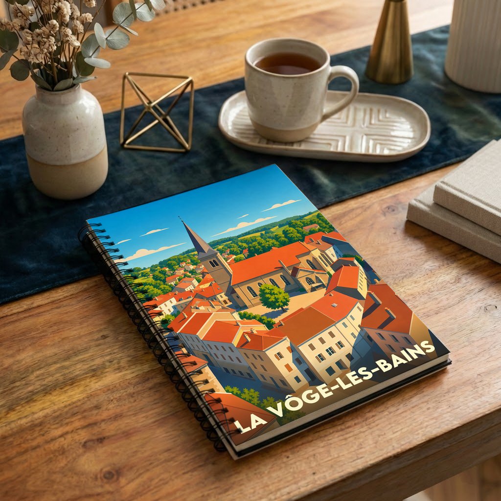 Carnet souvenir de la ville de La Vôge-les-Bains avec une illustration stylisée.