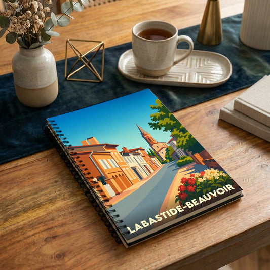 Carnet à spirales souvenir de la ville de Labastide-Beauvoir avec une illustration stylisée.