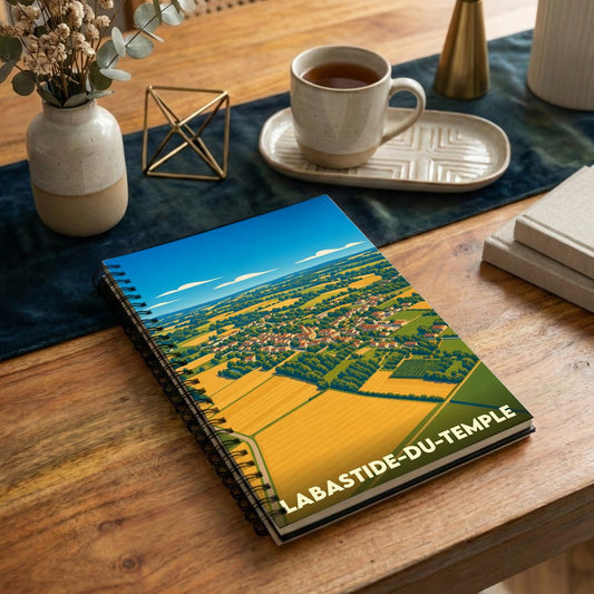 Carnet à spirales souvenir de la ville de Labastide-du-Temple avec une illustration de paysages vus du ciel.