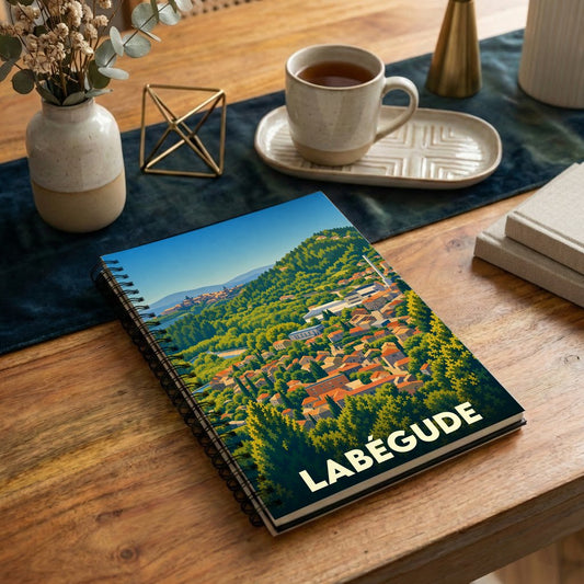 Carnet à spirales souvenir de la ville de Labégude illustré par une vue panoramique stylisée.