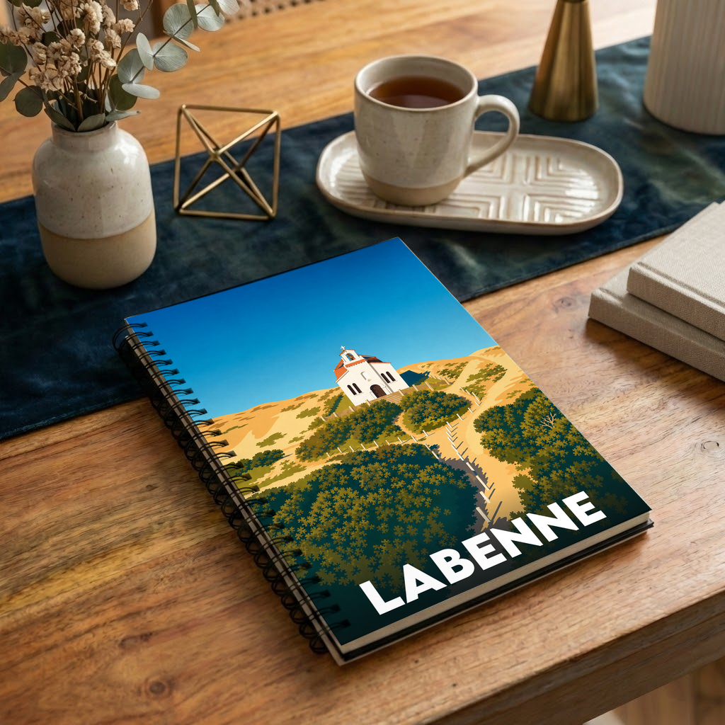 Carnet de notes souvenir de la ville de Labenne illustré d'une église sur une dune.