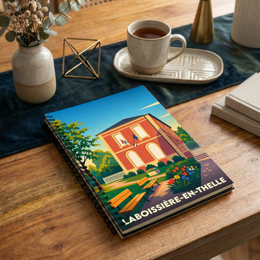 Carnet à spirales souvenir de la ville de Laboissière-en-Thelle avec une illustration stylisée.