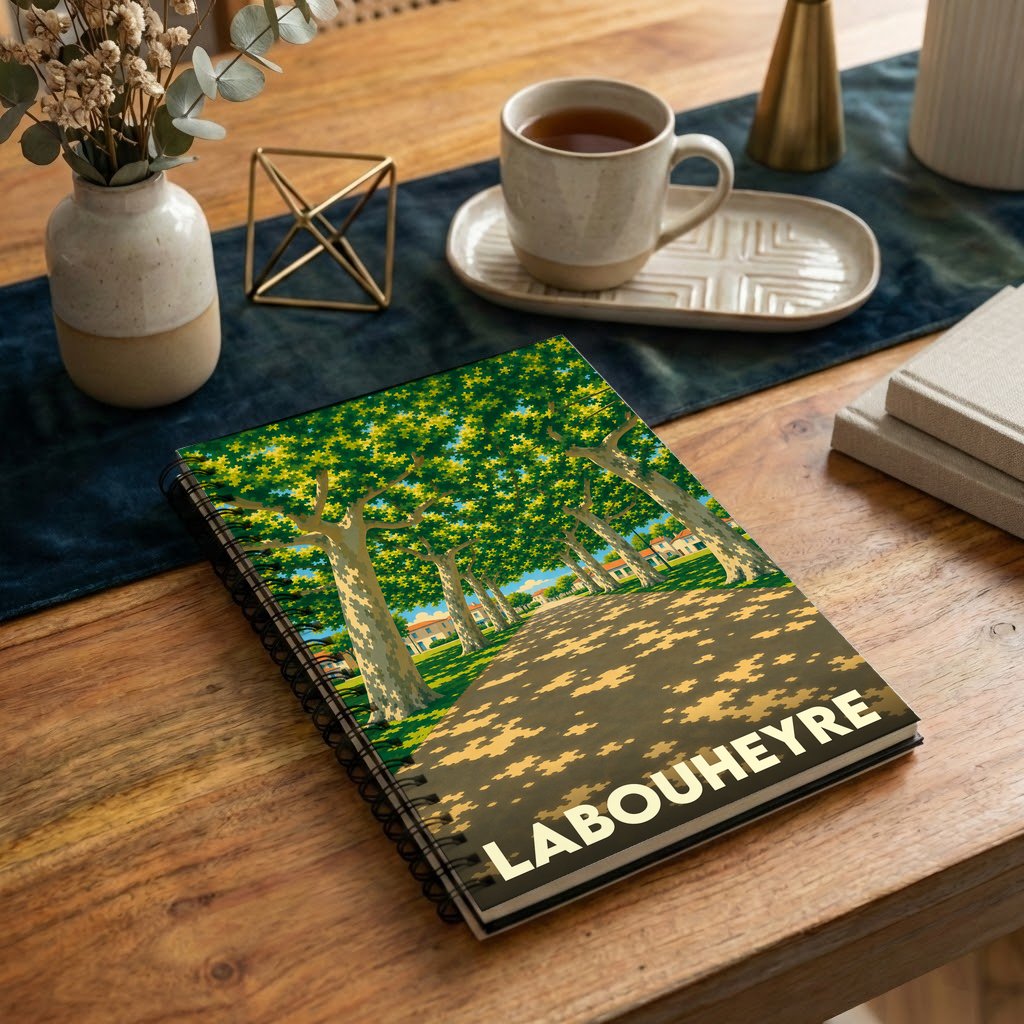 Carnet de notes souvenir de Labouheyre avec une illustration stylisée d'une allée d'arbres.