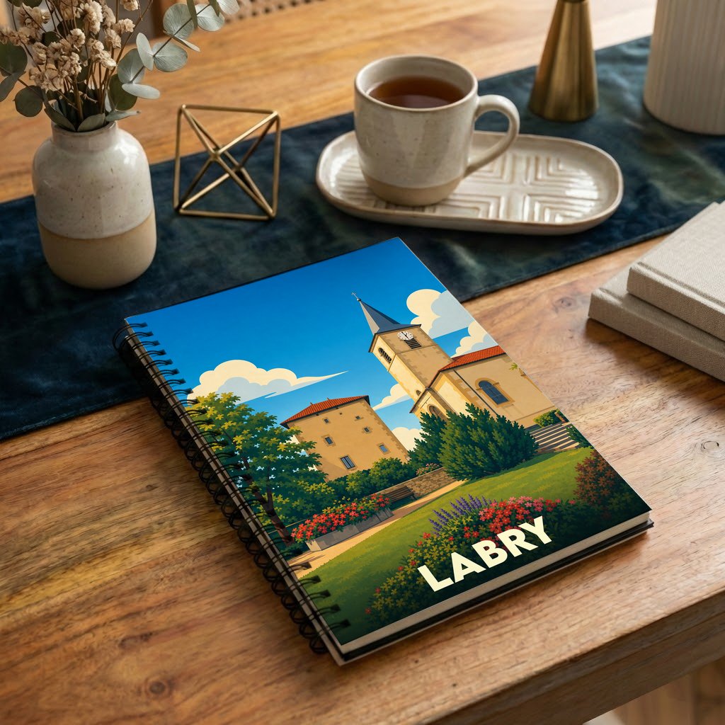 Carnet à spirales souvenir de la ville de Labry orné d'une illustration stylisée de son église et de ses jardins.