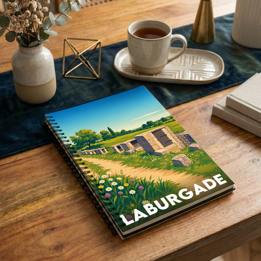 Carnet souvenir de la ville de Laburgade avec une illustration de paysage stylisée.