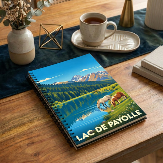 Carnet à spirales souvenir du Lac de Payolle avec une illustration stylisée de chevaux s'abreuvant dans un paysage de montagne.