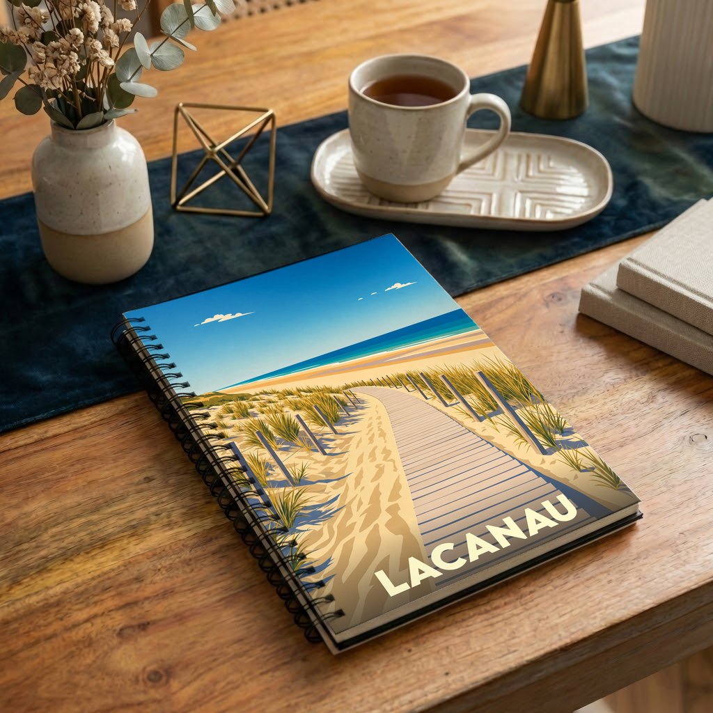Carnet à spirales souvenir de Lacanau avec une illustration stylisée d'un chemin de plage.