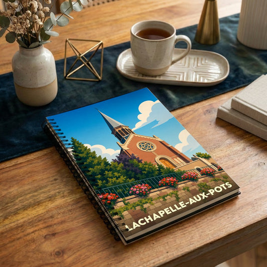 Carnet souvenir de la ville de Lachapelle-aux-Pots avec une illustration stylisée d'une église.