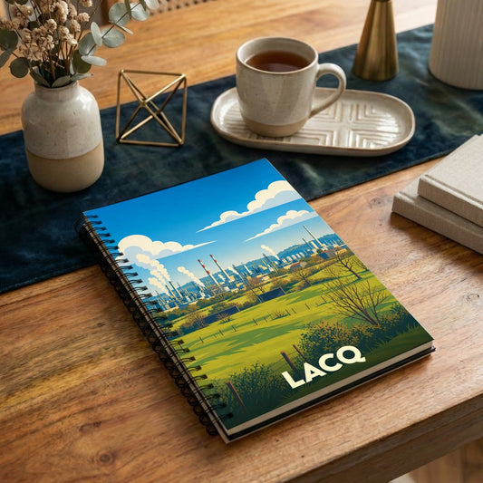 Carnet à spirales souvenir de la ville de Lacq avec une illustration stylisée d'un paysage industriel et champêtre.