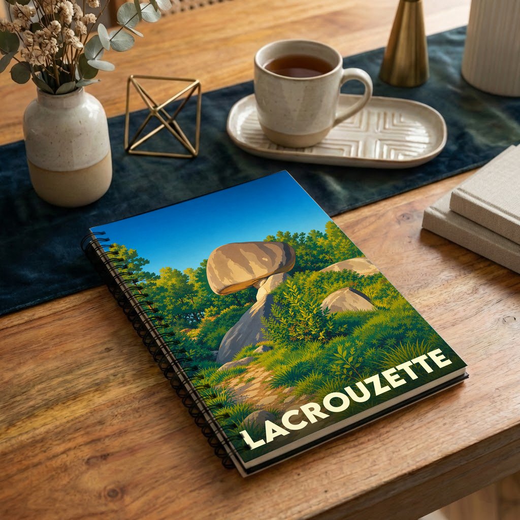 Carnet de notes à spirales souvenir de la ville de Lacrouzette avec une illustration stylisée du rocher de l'Oie.