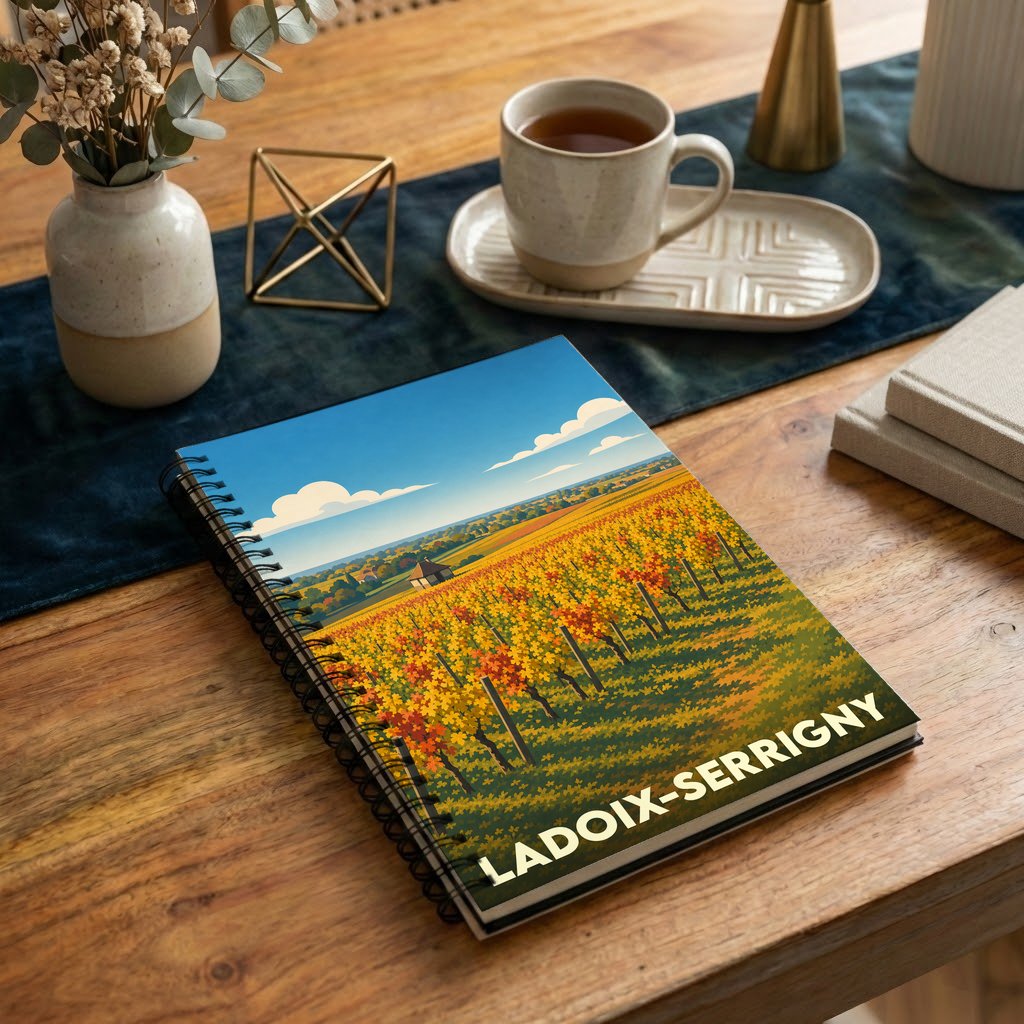 Carnet à spirales souvenir de Ladoix-Serrigny orné d'une illustration stylisée de ses vignobles d'automne.