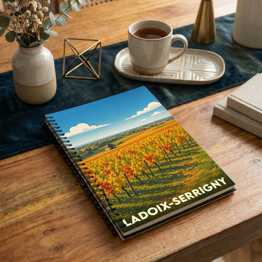 Carnet à spirales souvenir de Ladoix-Serrigny orné d'une illustration stylisée de ses vignobles d'automne.