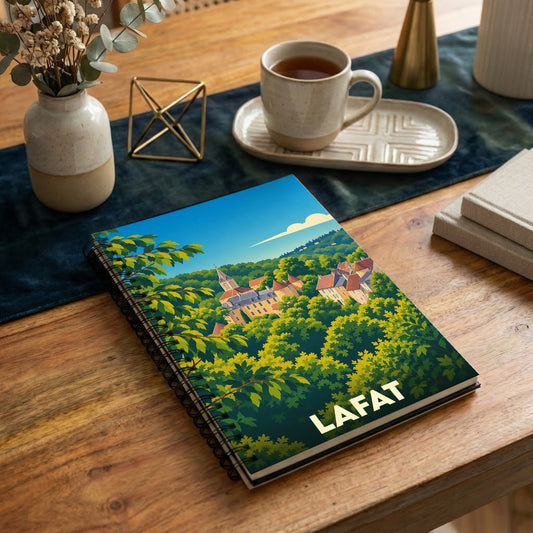 Carnet souvenir de la ville de Lafat illustré d'un paysage verdoyant stylisé.