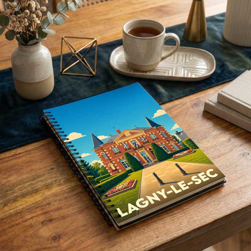 Carnet à spirales souvenir de la ville de Lagny-le-Sec avec une illustration stylisée de son hôtel de ville.