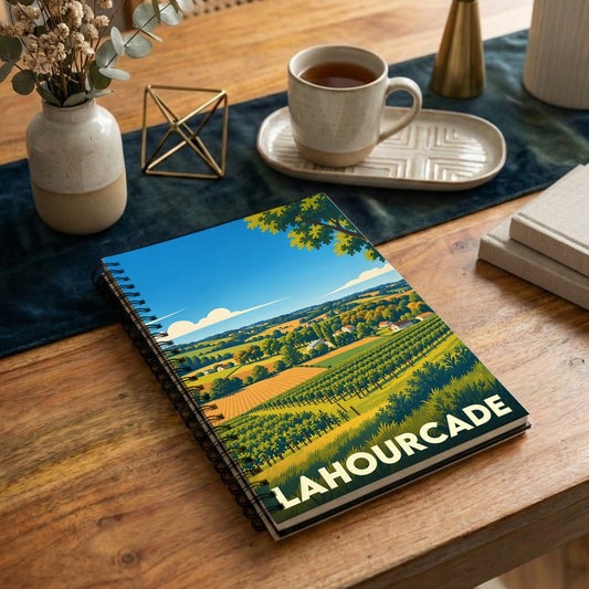 Carnet à spirales souvenir de la ville de Lahourcade avec une illustration stylisée de paysages vallonnés et de vignobles.