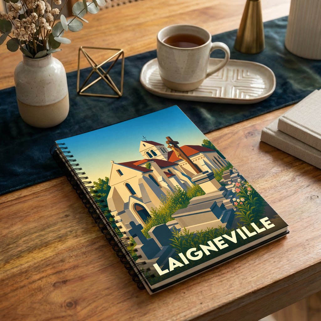 Carnet souvenir de la ville de Laigneville avec une illustration stylisée de son église et de son cimetière.