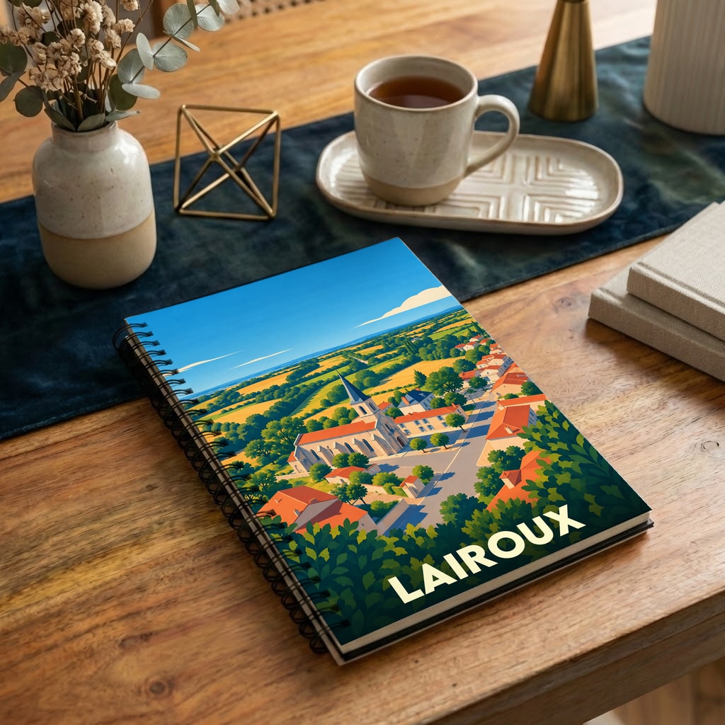 Carnet de notes à spirale avec une illustration stylisée de la ville de Lairoux.