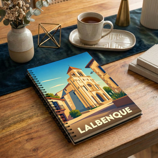 Carnet à spirales souvenir de la ville de Lalbenque avec une illustration stylisée de son église.