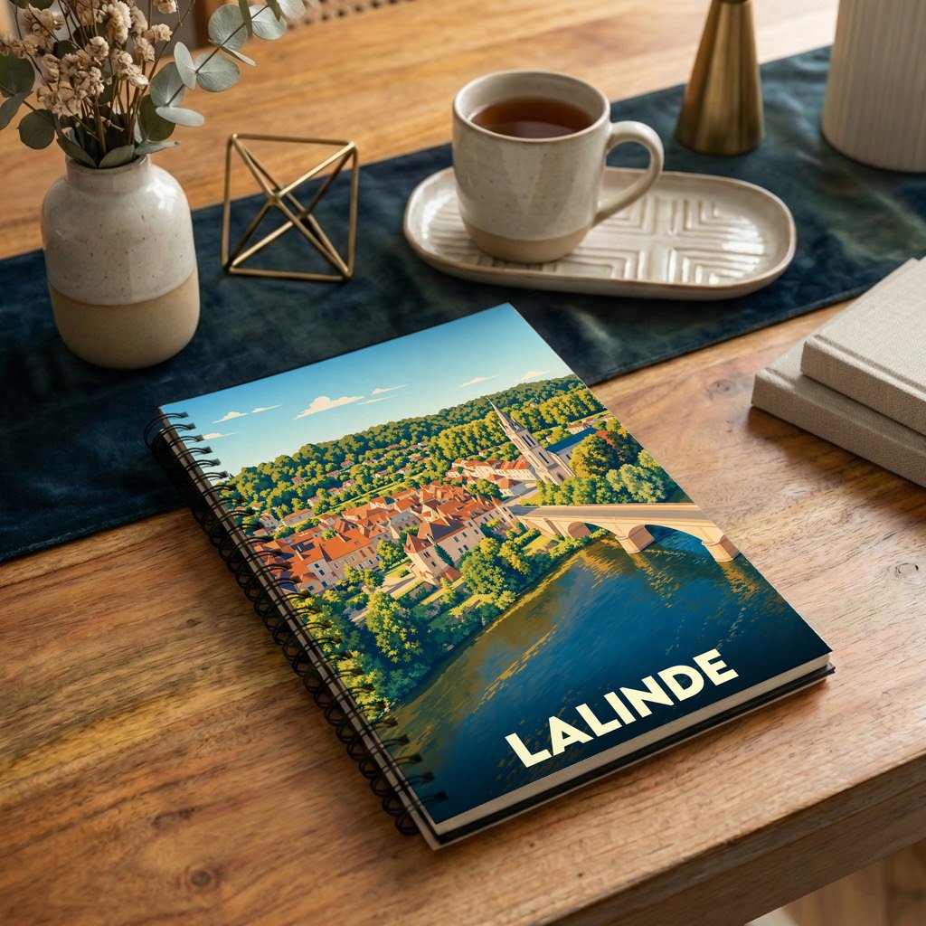 Carnet à spirales souvenir de la ville de Lalinde avec une illustration stylisée des bords de la Dordogne.
