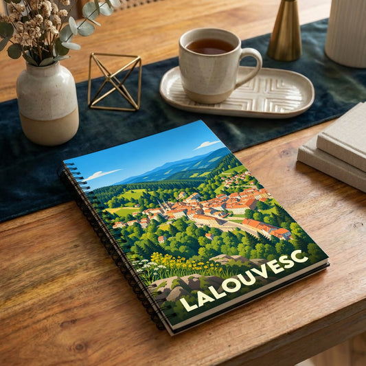 Carnet à spirales souvenir de la ville de Lalouvesc avec une illustration stylisée de son paysage vallonné.