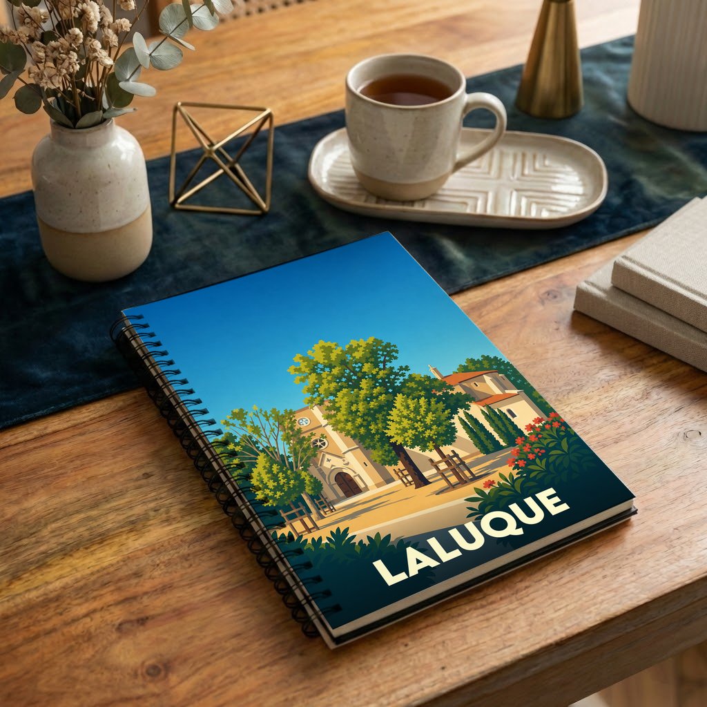 Carnet à spirales souvenir de la ville de Laluque avec une illustration stylisée.