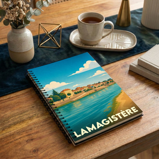 Carnet à spirales souvenir de la ville de Lamagistère avec une illustration stylisée d'un paysage de bord d'eau.