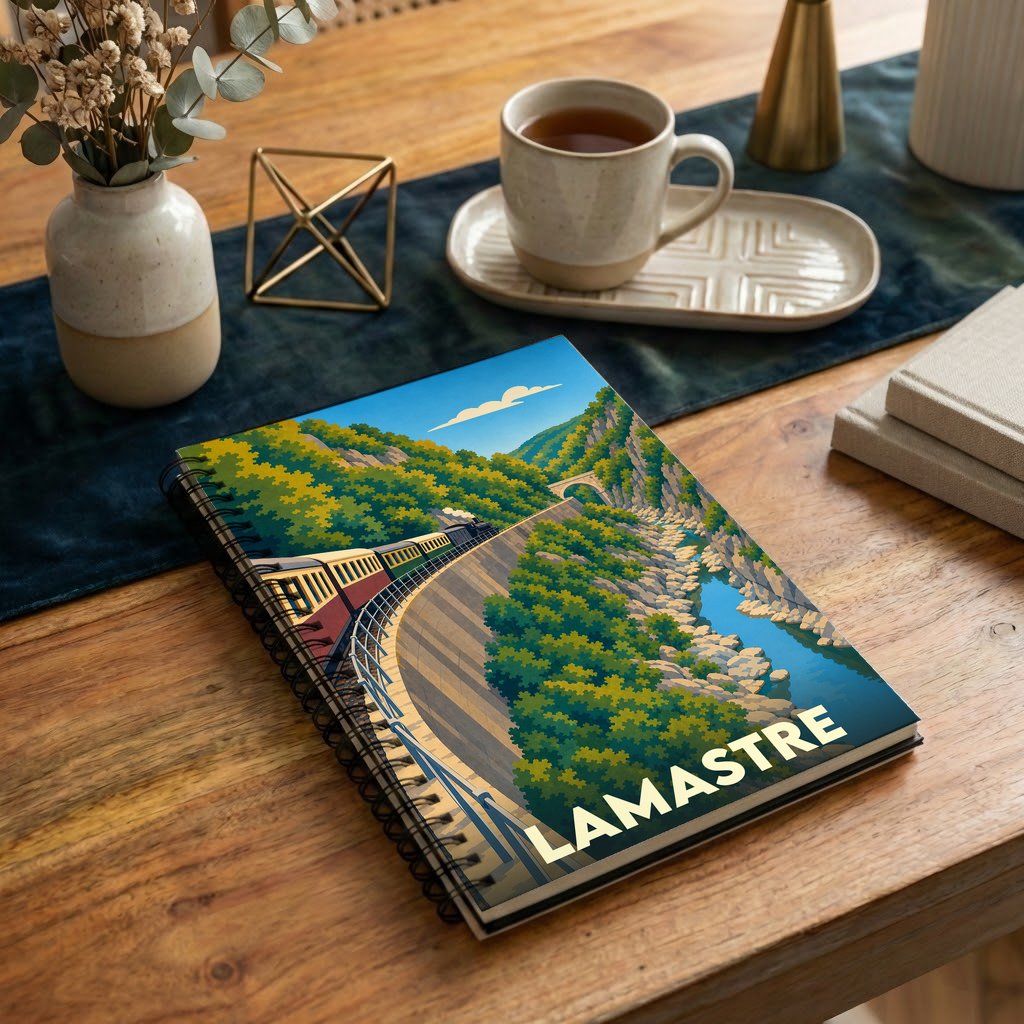 Carnet souvenir de la ville de Lamastre illustré d'un train à vapeur circulant dans les gorges de l'Ardèche.