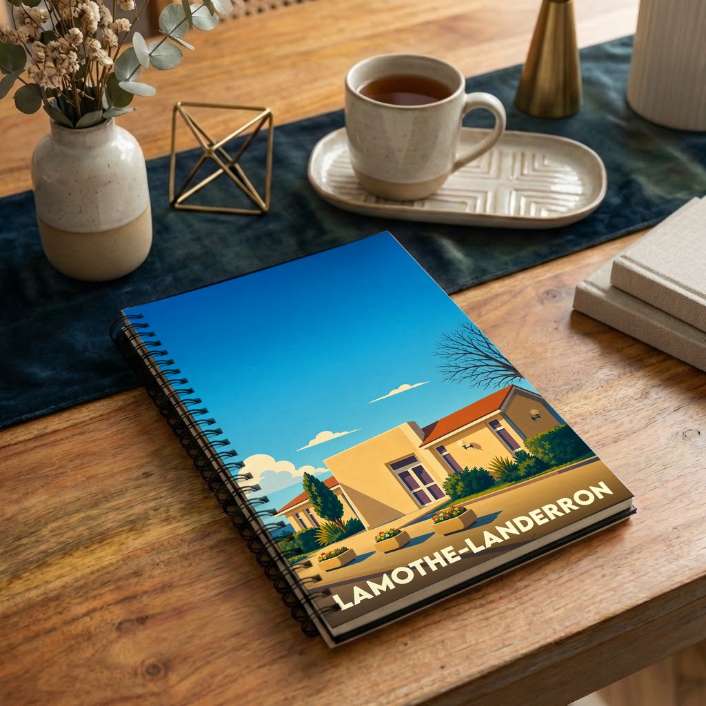 Carnet à spirales souvenir de la ville de Lamothe-Landerron avec une illustration stylisée d'un bâtiment sous un ciel bleu.