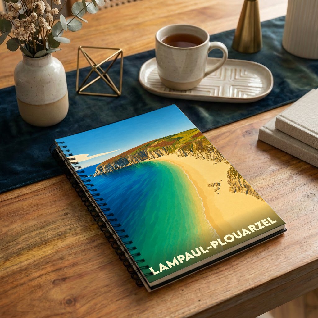 Carnet à spirales souvenir de la ville de Lampaul-Plouarzel avec une illustration stylisée de sa côte.