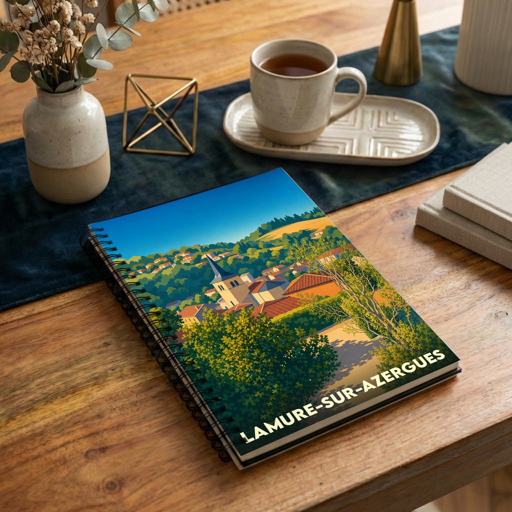 Carnet souvenir de la ville de Lamure-sur-Azergues avec une illustration stylisée de ses paysages.