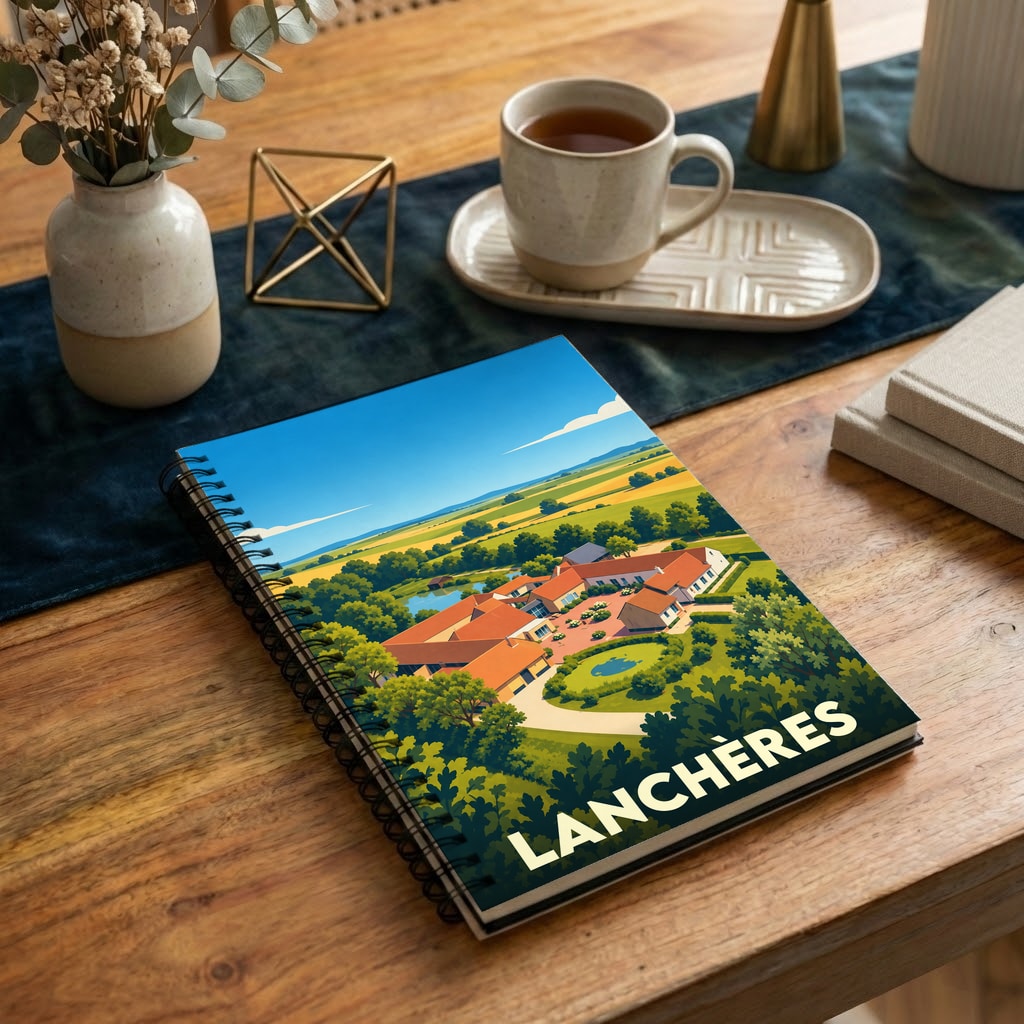 Carnet à spirales souvenir de la ville de Lanchères avec une illustration stylisée d'un paysage champêtre.