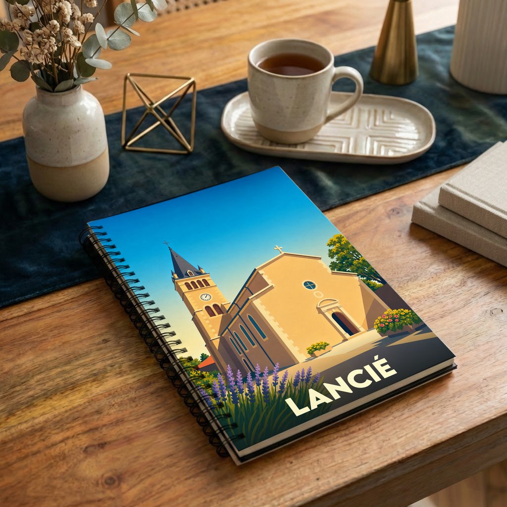 Carnet à spirales souvenir de la ville de Lancié avec une illustration stylisée de son église.
