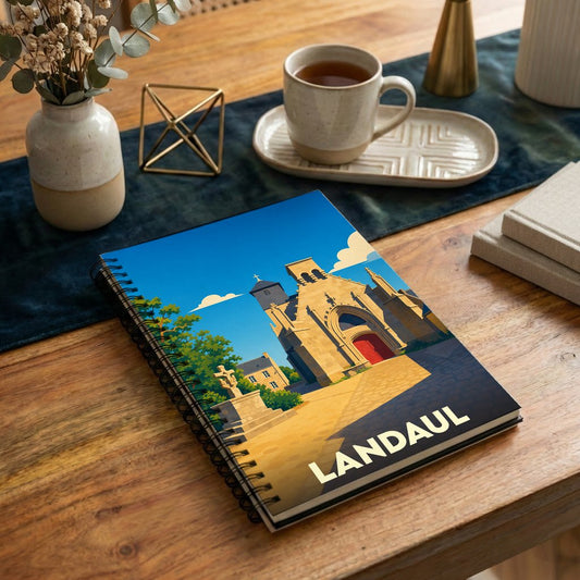 Carnet à spirales souvenir de la ville de Landaul orné d'une illustration stylisée de son église.