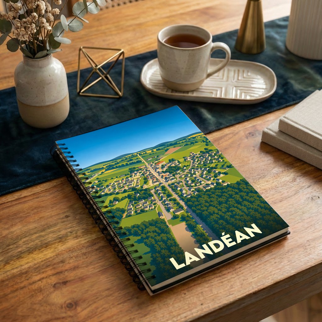 Carnet de notes à spirales souvenir de la ville de Landéan avec une illustration aérienne stylisée.