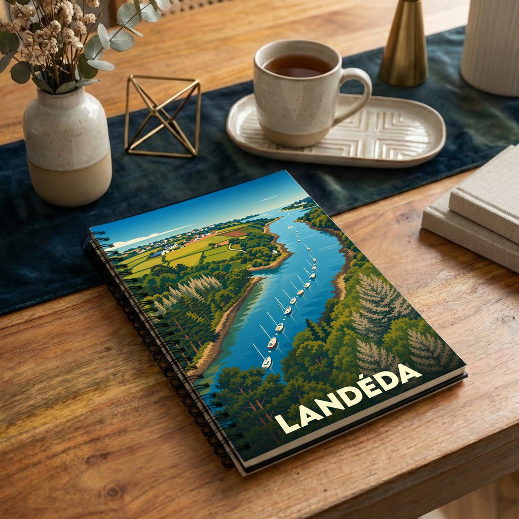 Carnet de notes à spirales souvenir de Landéda avec une illustration stylisée de son paysage côtier.