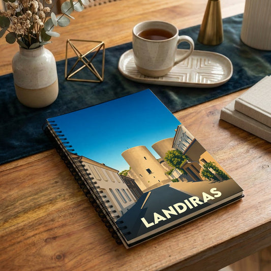 Carnet à spirales souvenir de la ville de Landiras avec une illustration stylisée.