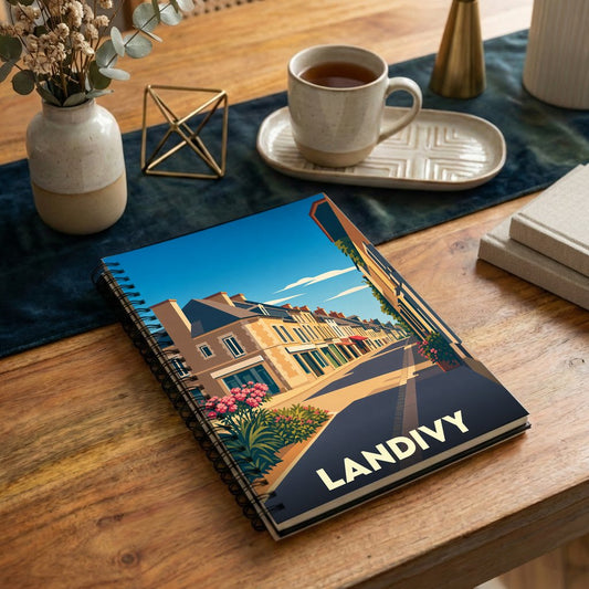 Carnet souvenir de la ville de Landivy avec une illustration stylisée d'une rue pittoresque.