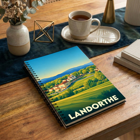 Carnet à spirales souvenir de la ville de Landorthe avec une illustration stylisée de paysages vallonnés.