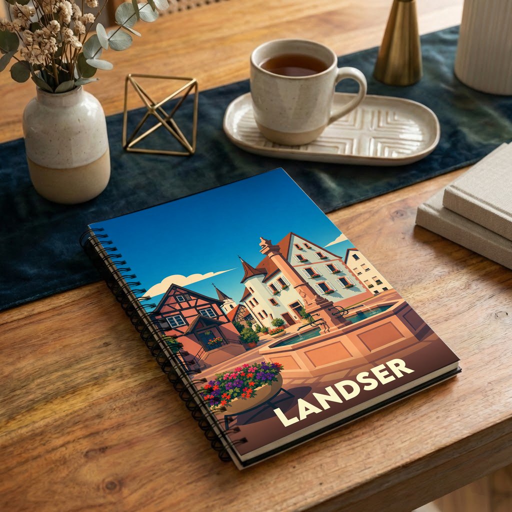 Carnet à spirales souvenir de la ville de Landser avec une illustration stylisée de sa place principale.