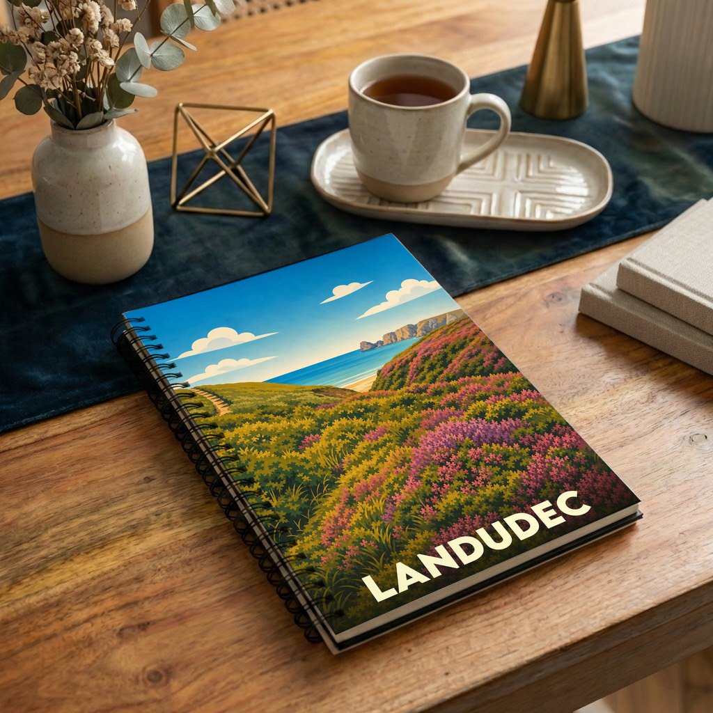 Carnet à spirales souvenir de la ville de Landudec avec une illustration stylisée de paysage côtier.