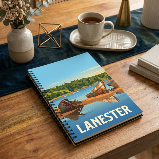 Carnet souvenir de la ville de Lanester avec une illustration stylisée de son cimetière de bateaux.