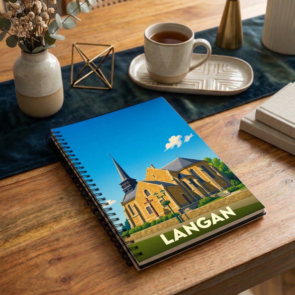 Carnet de notes souvenir de la ville de Langan illustré d'une vue stylisée de son église.