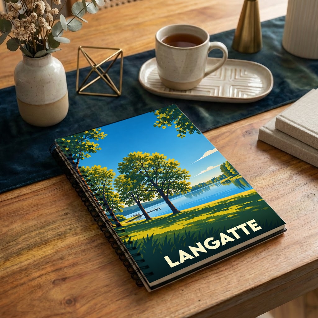 Carnet de notes souvenir de la ville de Langatte avec une illustration stylisée de son lac et de sa forêt.